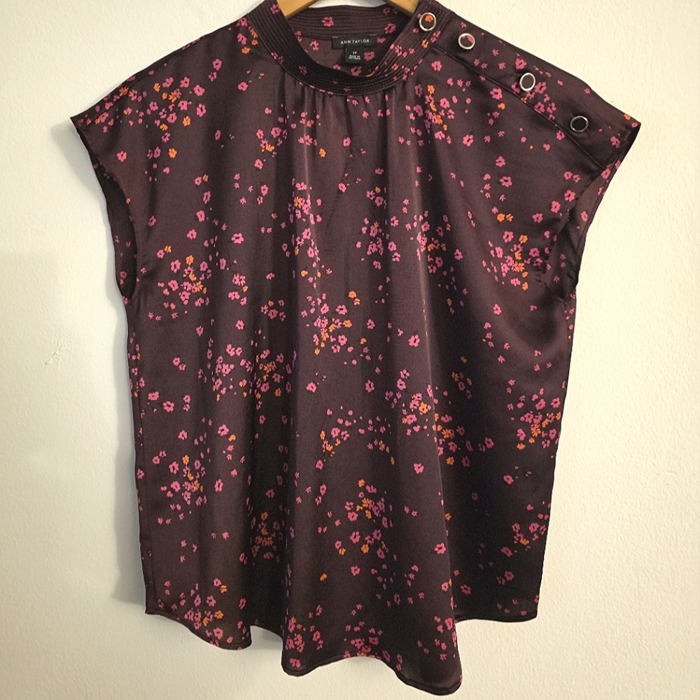 Ann Taylor Deep Plum‎ Cap Sleeve Blouse With  Pink and Orange Floral